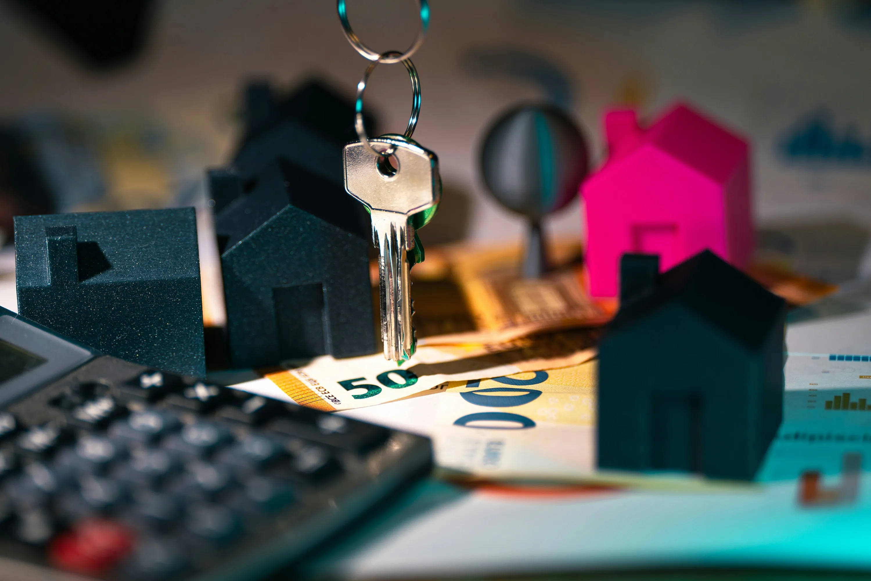 Schlüssel, Taschenrechner und Modellhäuser als Symbol für Immobilienfinanzen
