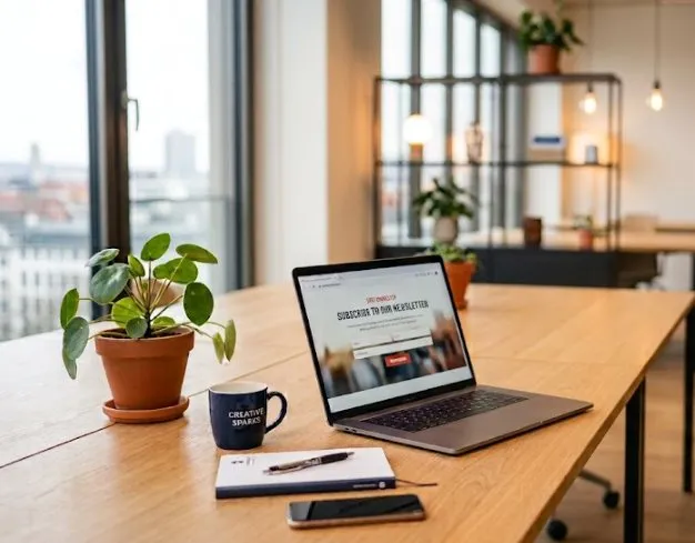 Laptop mit Newsletter-Anmeldung auf einem Schreibtisch